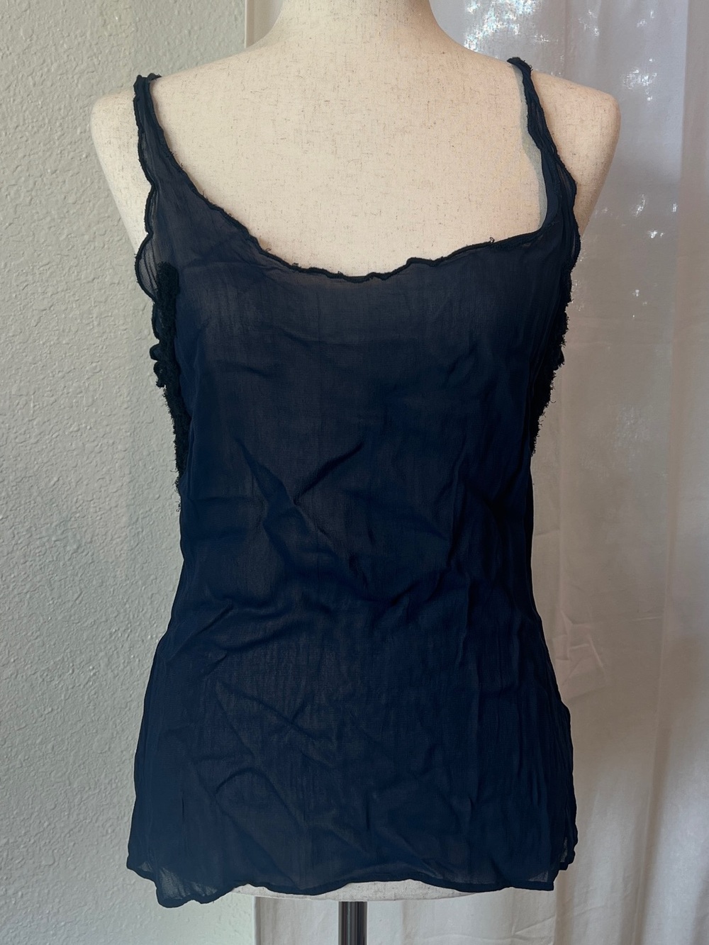 Free People Midnight Blue Sheer Camisole with Black Appliqué. Size S
